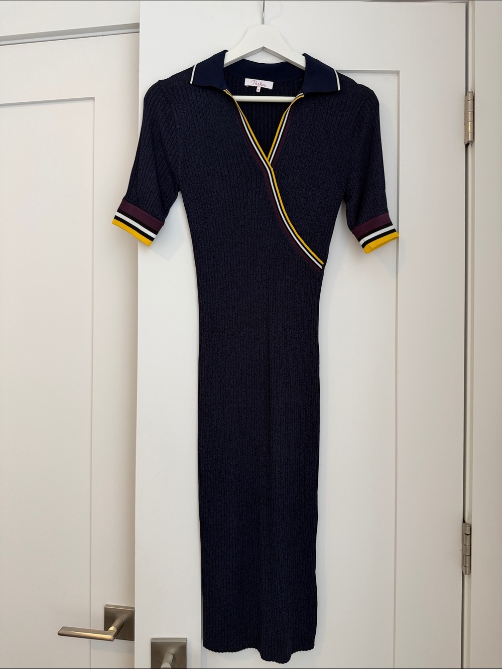 Parker Navy Midi Polo Dress with Yellow & Burgundy Trim